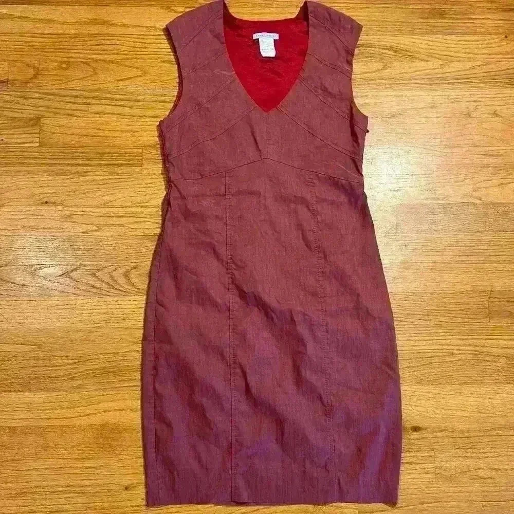 Sarah Pacini Red Linen Dress Size 1 Italy US 6 V Neck Satin Lagenlook Cocktail